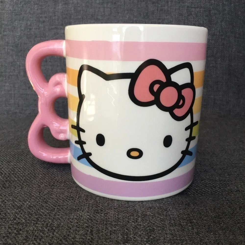 Hello Kitty Pastel Stripe, Bow Handle Coffee Mug, White, Pink, 20 oz